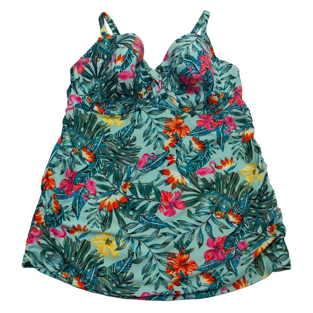 Swim by Cacique Tankini Women 40DDD Mint Tropical Flamingo NEW Underwire Ruched